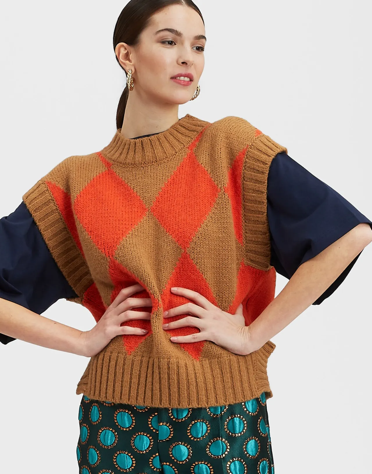 Clearance La DoubleJ Argyle GiletCamel / Orange in Wool