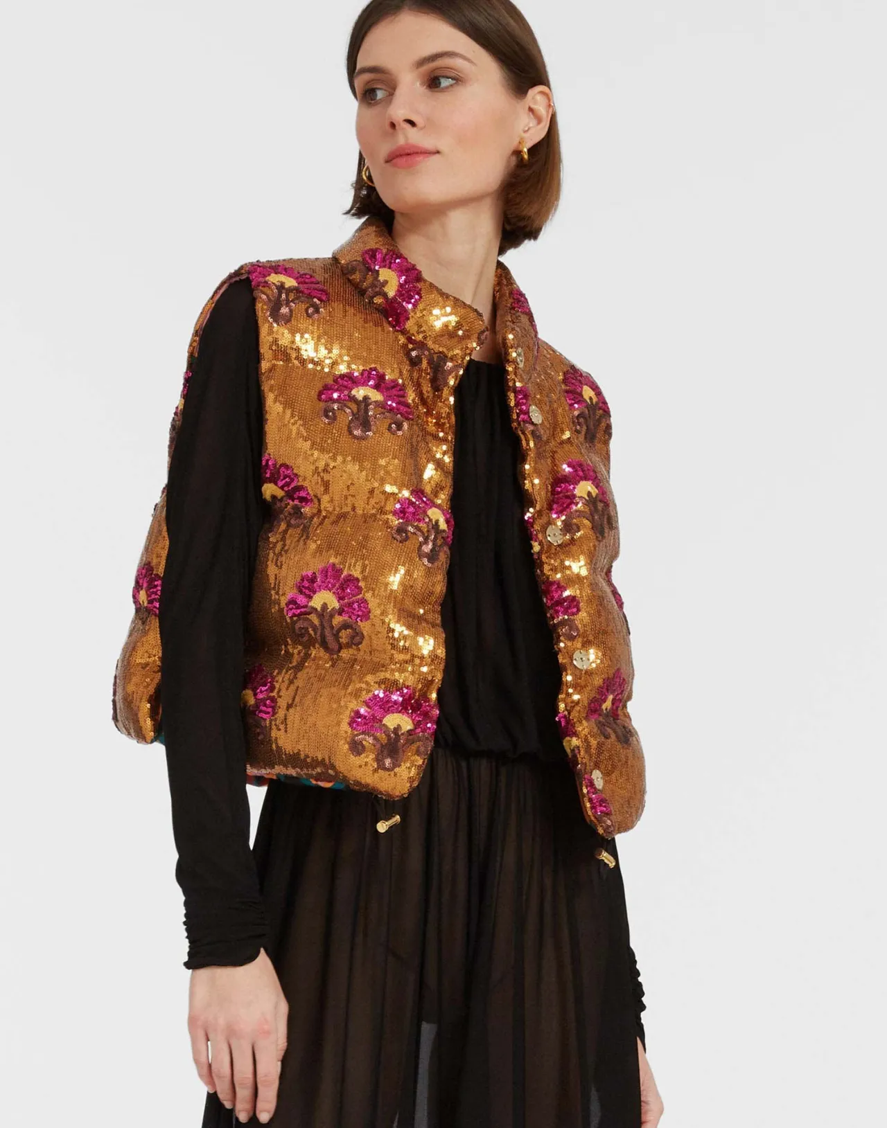 Store La DoubleJ Bonbon Puffer VestBronze in Textured Sequins