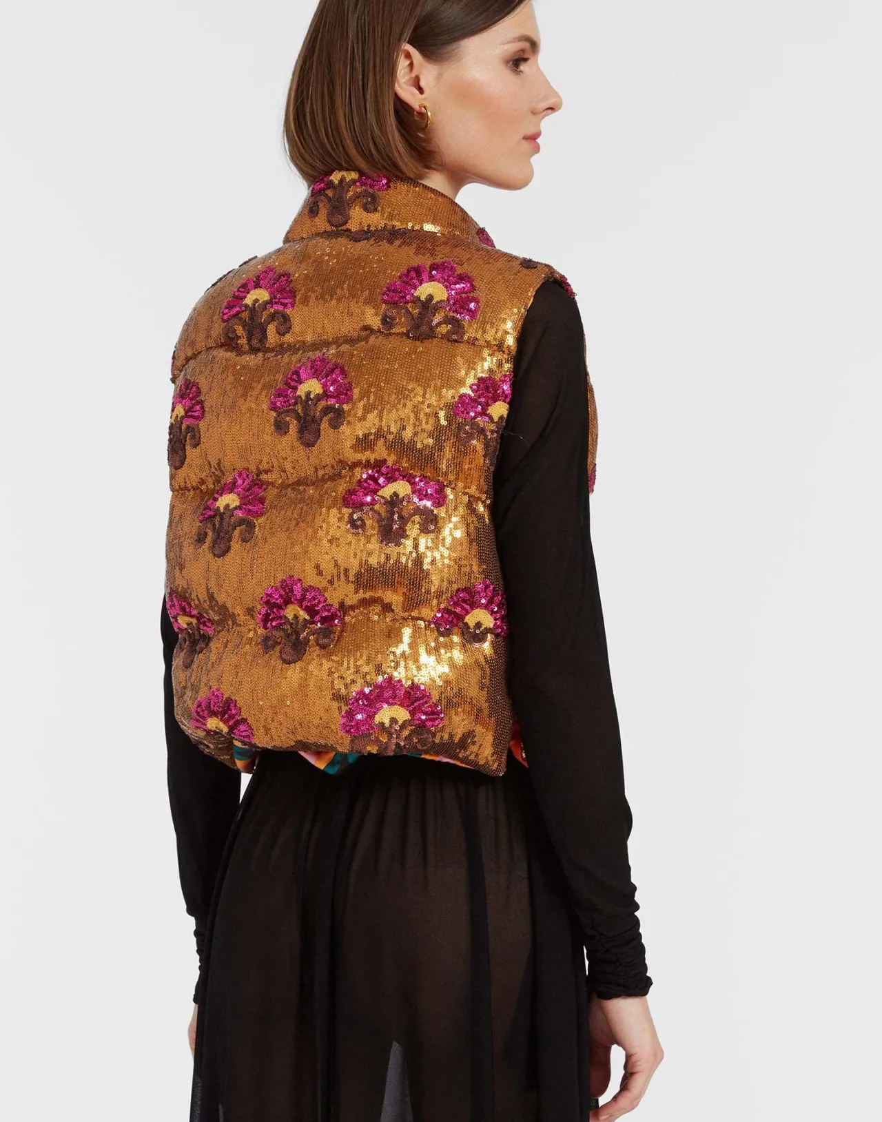 Store La DoubleJ Bonbon Puffer VestBronze in Textured Sequins