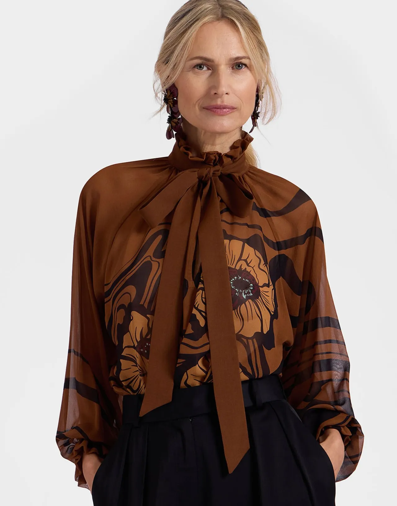 Shop La DoubleJ Cerere BlouseBig Blooms Placée Brown in Silk Chiffon