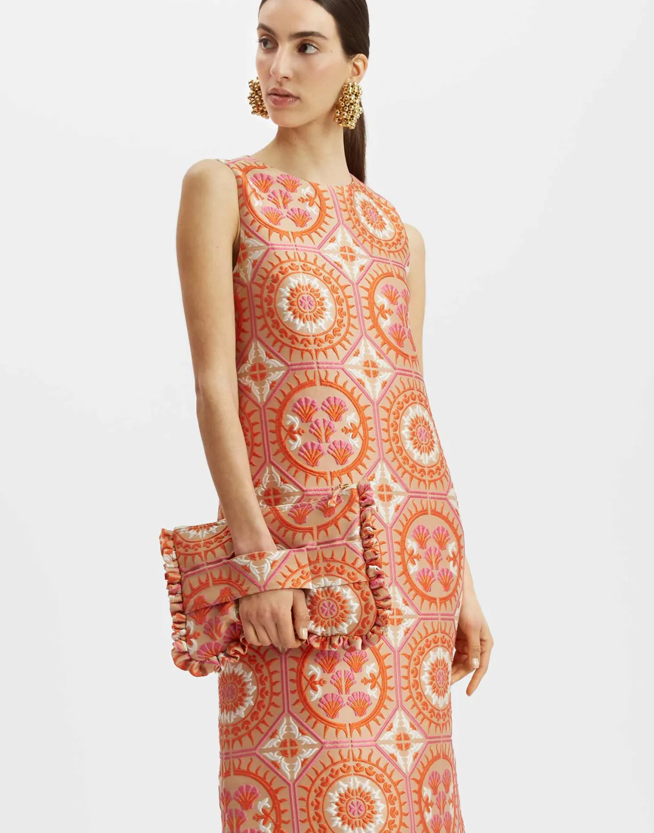 Discount La DoubleJ Column DressSun Orange in Jacquard With Feathers