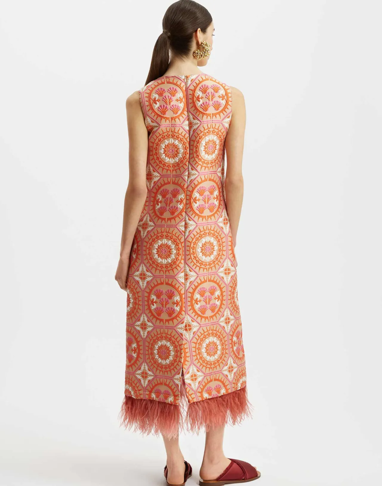 Discount La DoubleJ Column DressSun Orange in Jacquard With Feathers