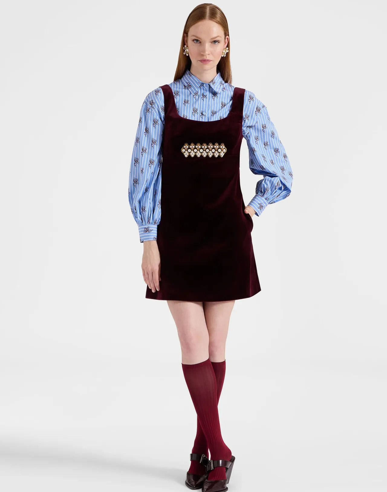 Fashion La DoubleJ Ella Mini DressSolid Burgundy in Cotton Velvet Embroidered