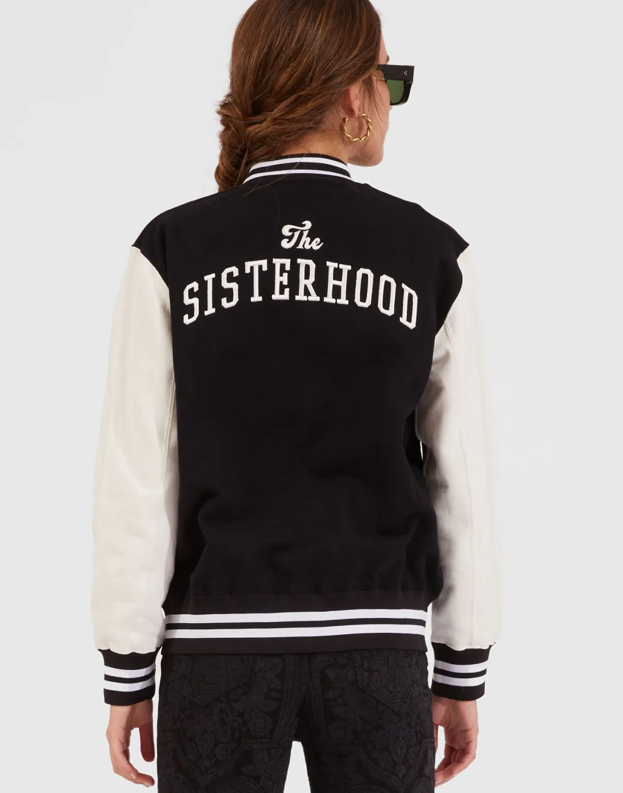 Flash Sale La DoubleJ Embroidered Sisterhood Varsity BomberSolid Black in Jersey