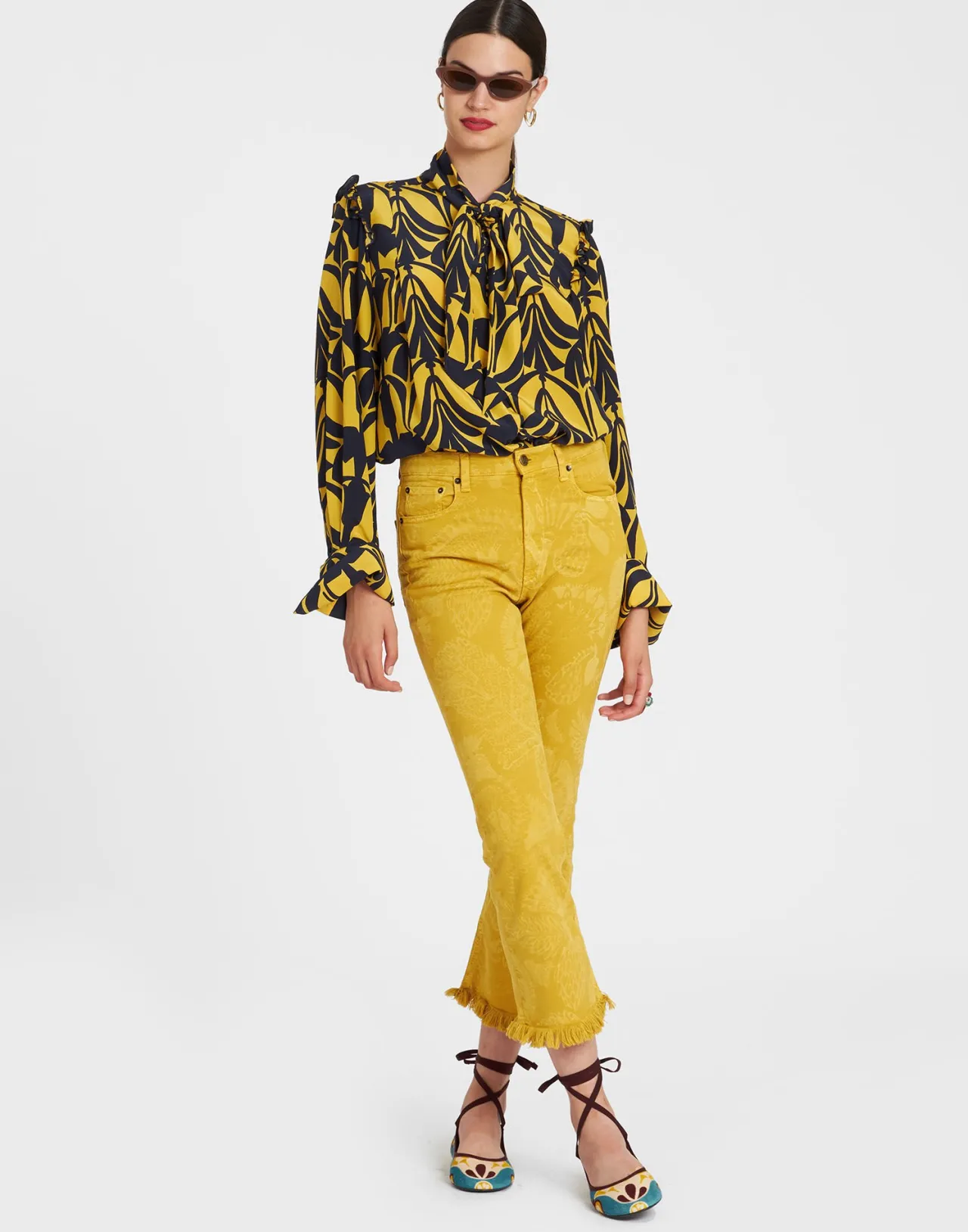 Fashion La DoubleJ Fancy Crop JeansSicomore Yellow in Laser-Printed Denim With Fringe