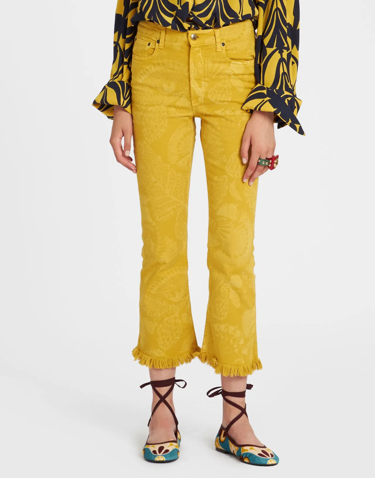 Fashion La DoubleJ Fancy Crop JeansSicomore Yellow in Laser-Printed Denim With Fringe