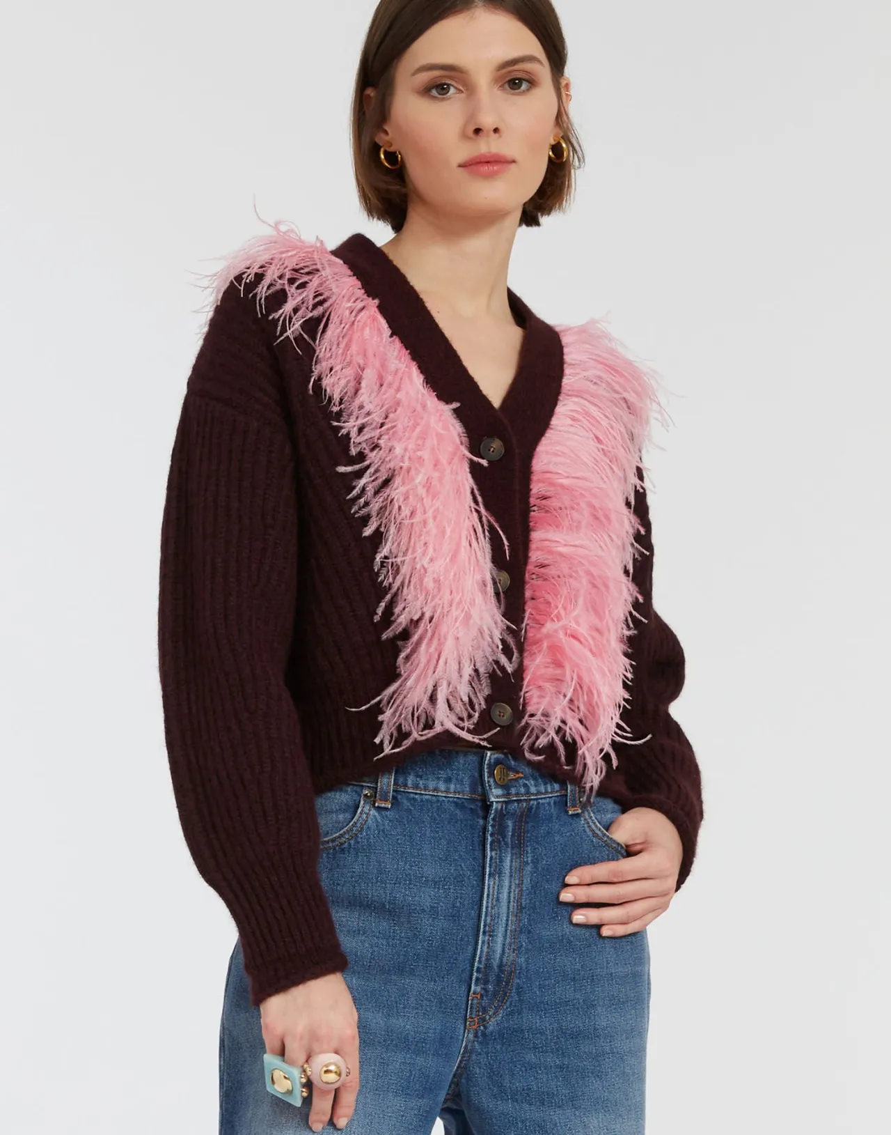 Online La DoubleJ High Kick CardiganBordeaux in Wool With Feathers