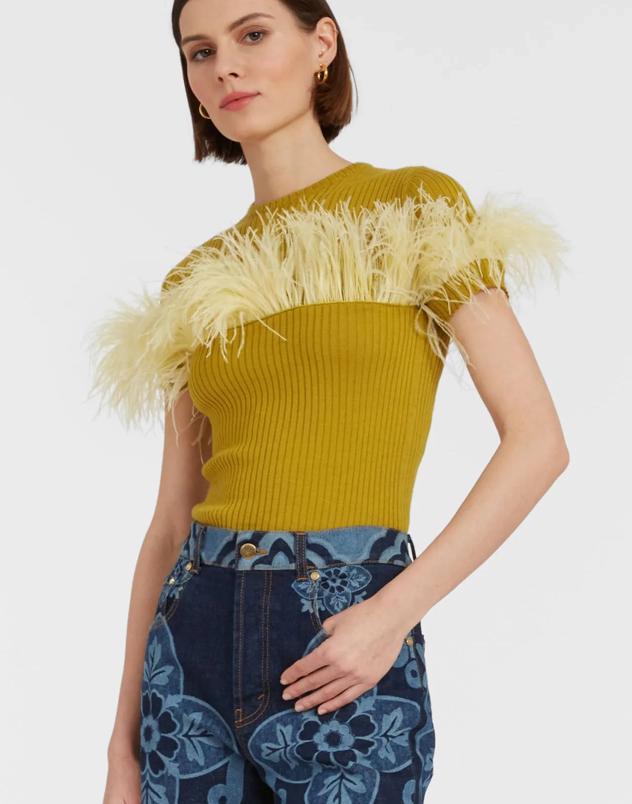 Discount La DoubleJ High Kick TeeLime in Ribbed Silk Cashmere With Feathers