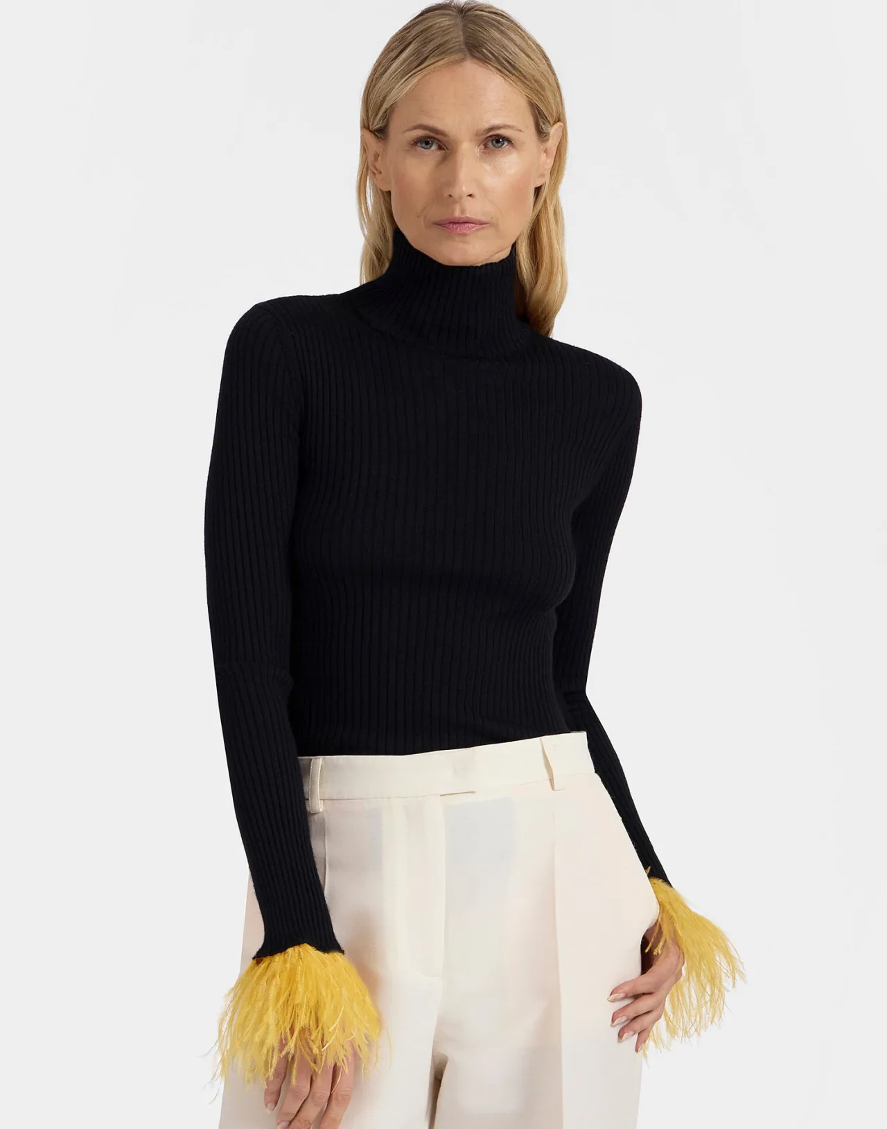 Sale La DoubleJ High Kick TopBlack in Ribbed Silk Cashmere With Feathers