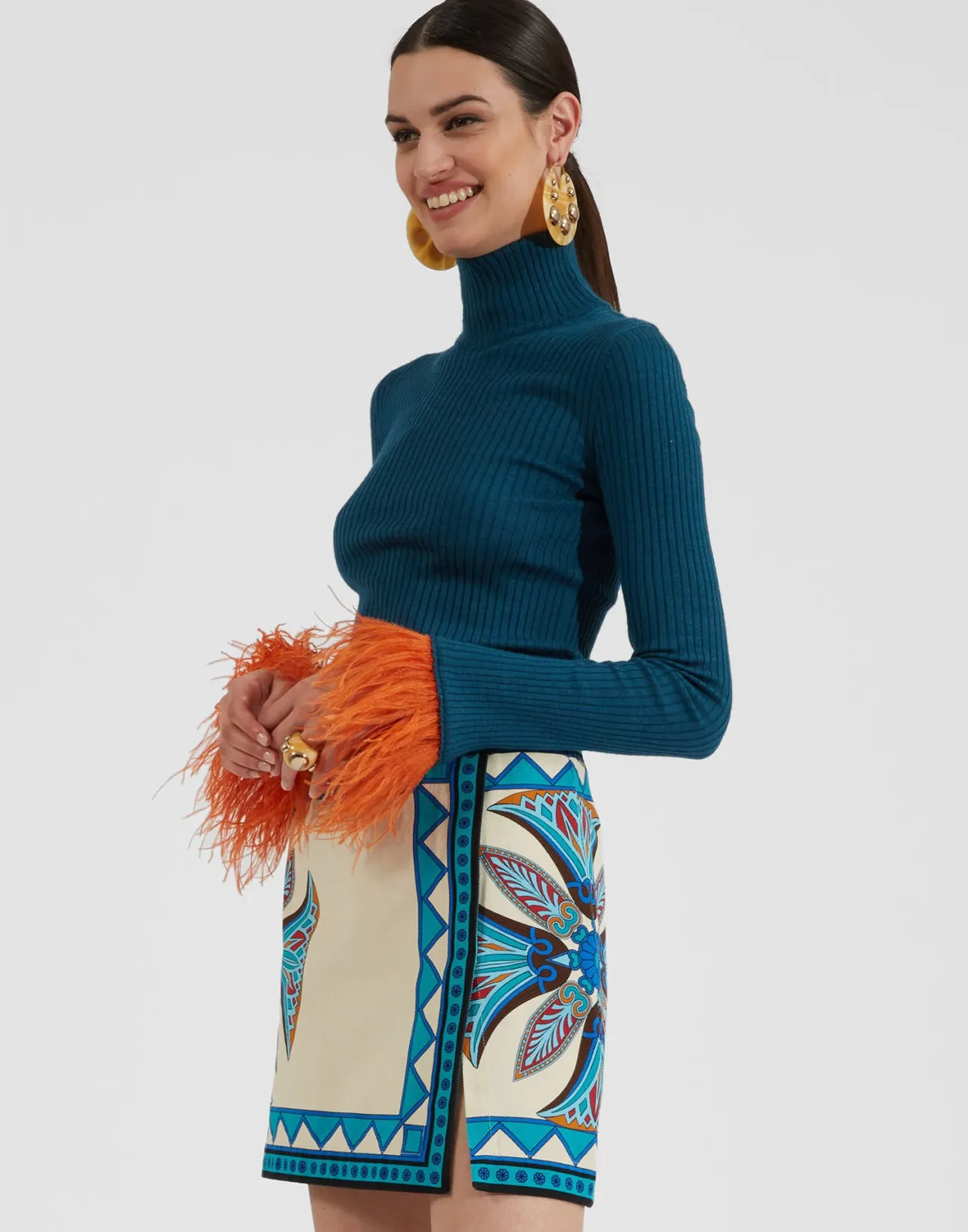 Best Sale La DoubleJ High Kick TopBlue in Ribbed Silk Cashmere With Feathers