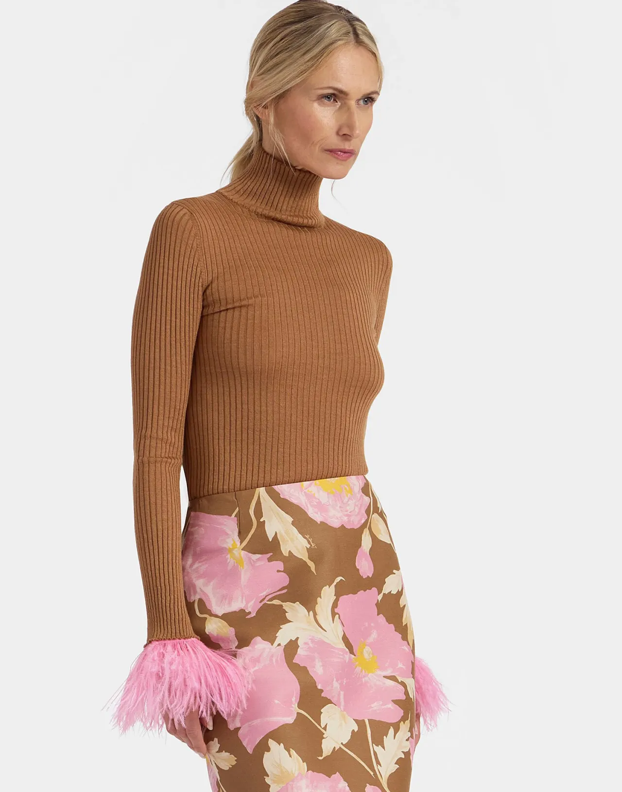 Outlet La DoubleJ High Kick TopCamel in Ribbed Silk Cashmere With Feathers