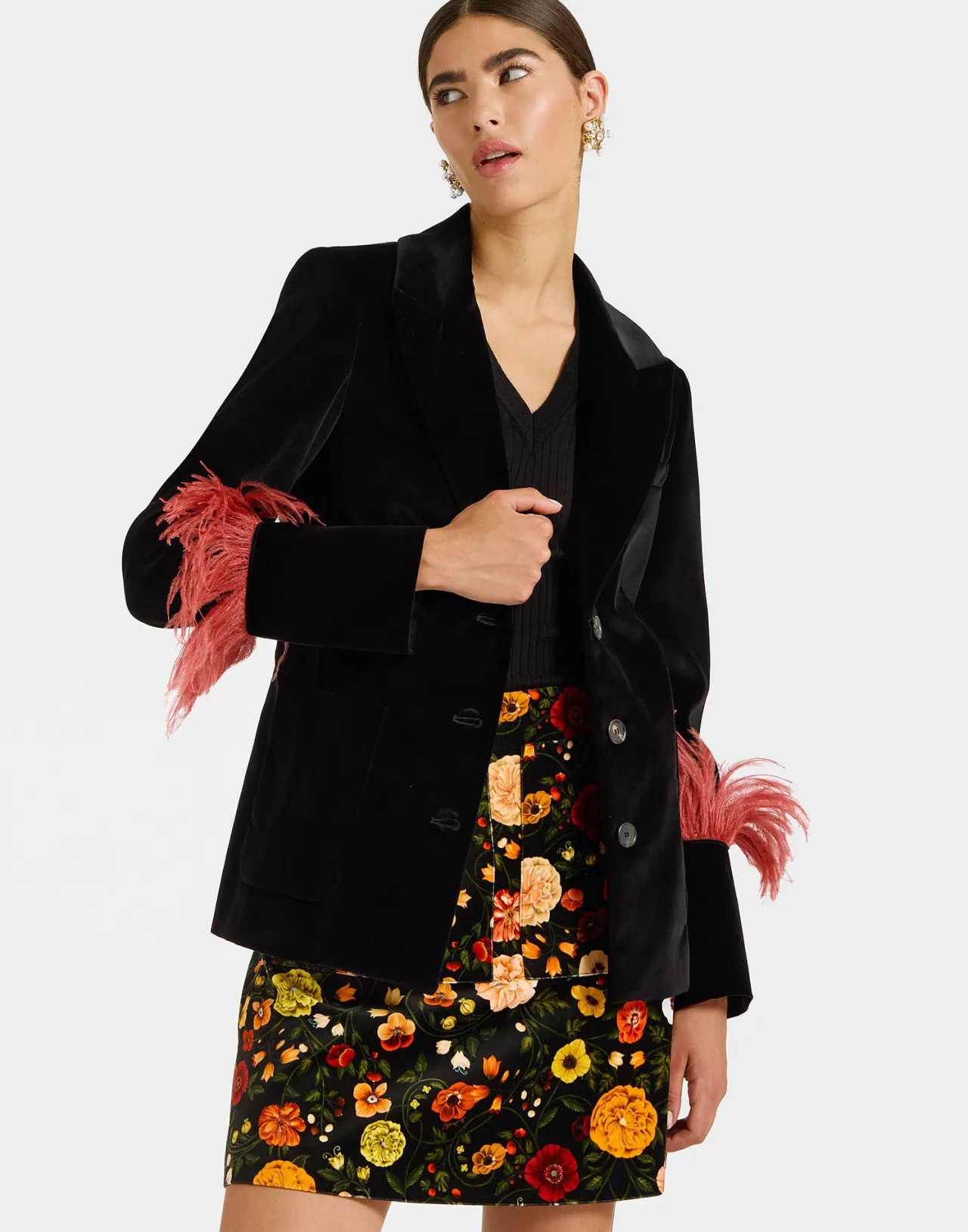 Flash Sale La DoubleJ Keaton JacketSolid Black in Cotton Velvet With Feathers