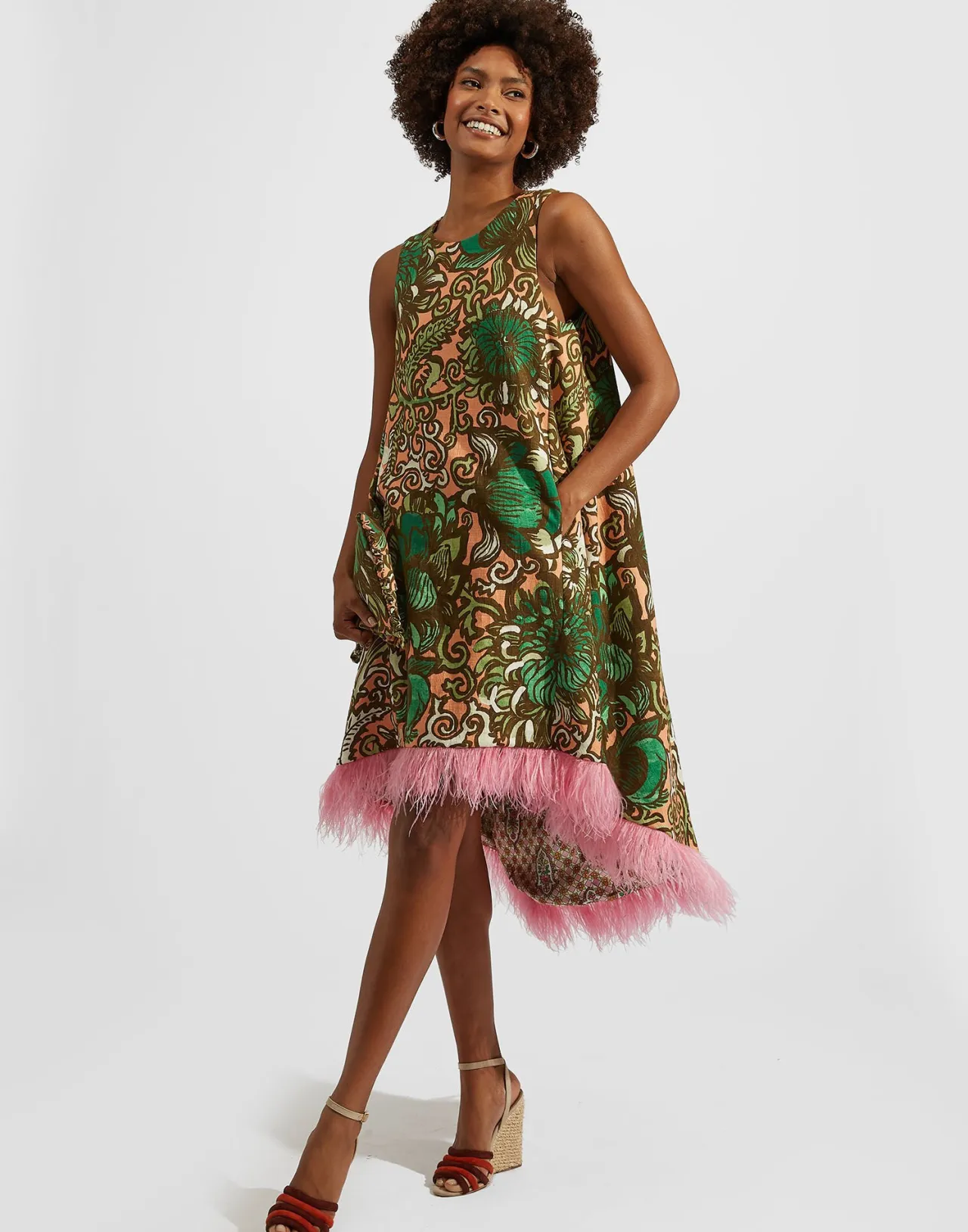 Online La DoubleJ La Scala High Dress (With Feathers)Anemone Pink in Shot Cotton