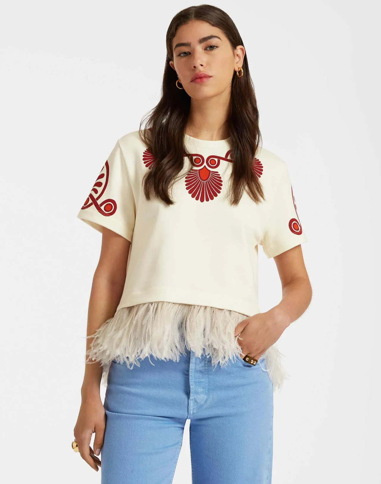 Clearance La DoubleJ La Scala TeeMedallion Placée Cream in Heavy Jersey With Feathers