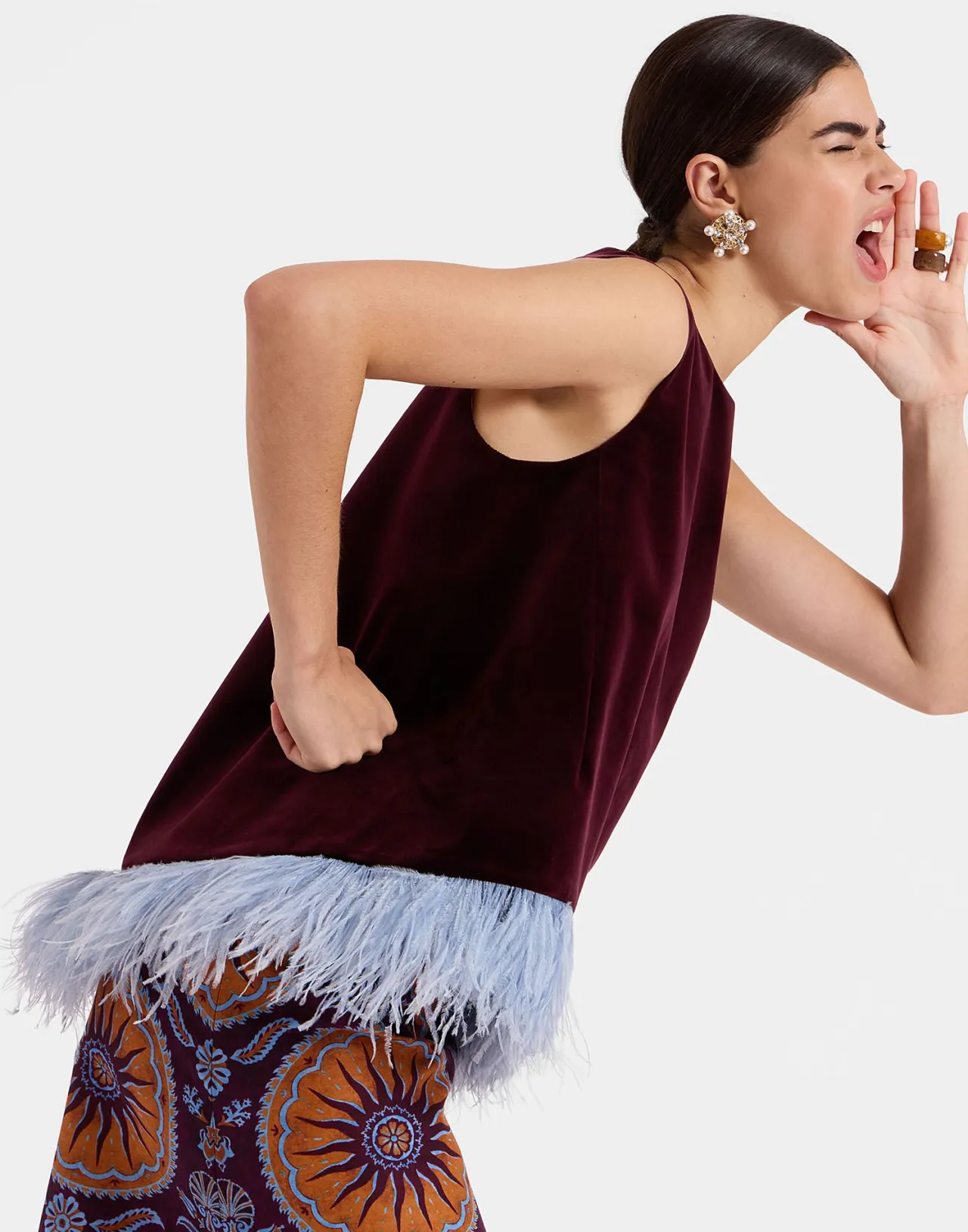 Best Sale La DoubleJ La Scala TopSolid Burgandy in Cotton Velvet With Feathers