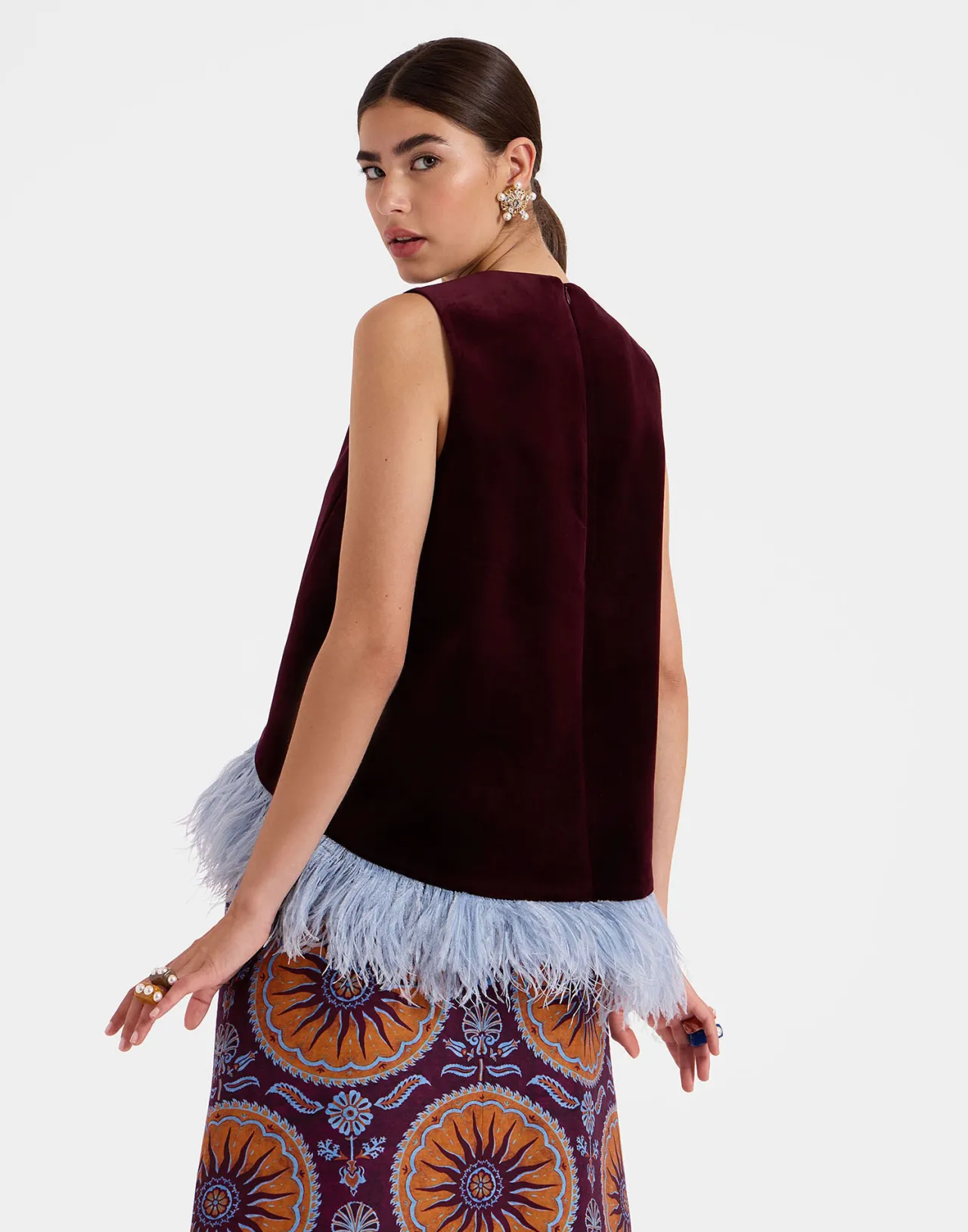 Best Sale La DoubleJ La Scala TopSolid Burgandy in Cotton Velvet With Feathers