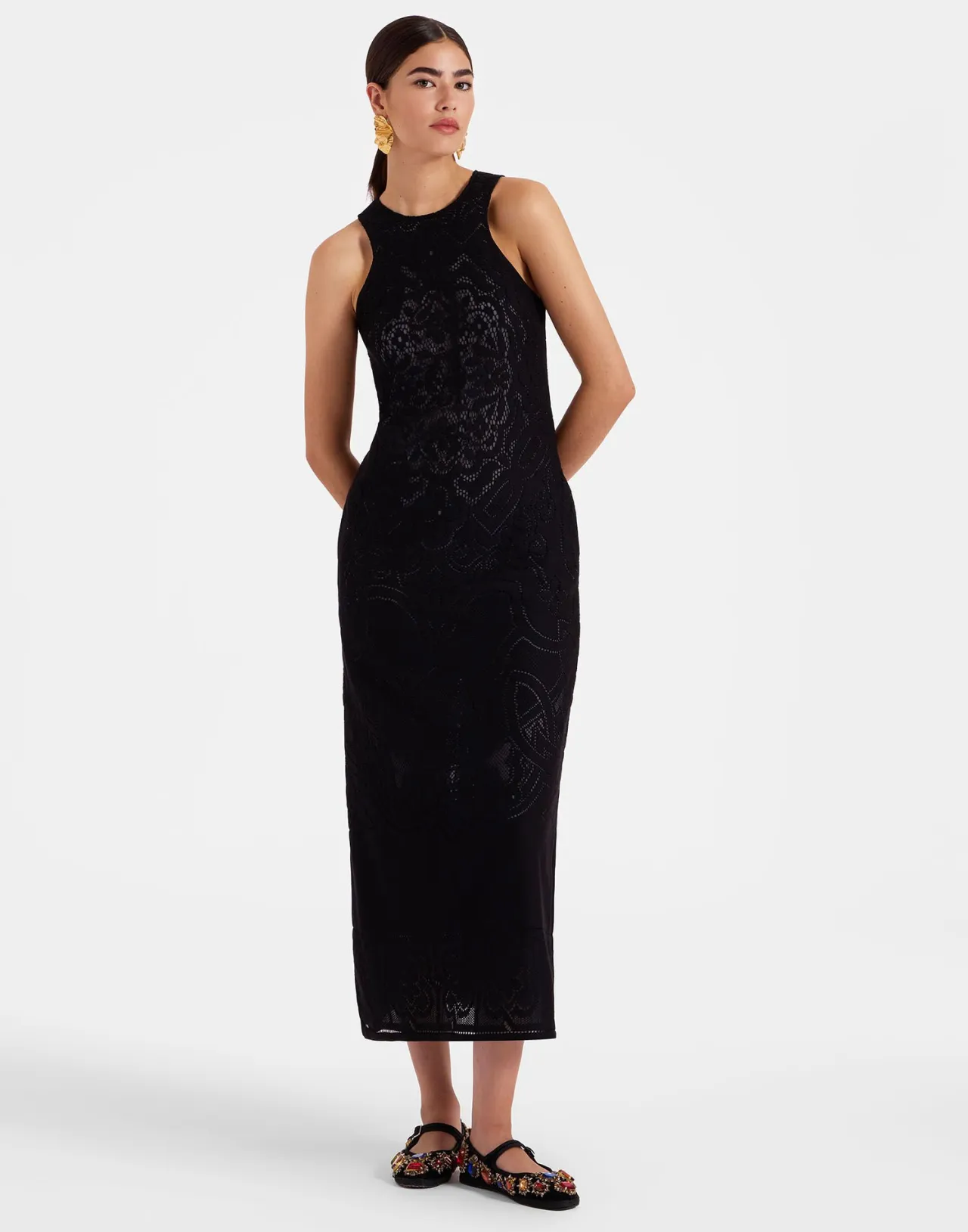 Sale La DoubleJ Lacey Racer DressSolid Black in Embroidered Cotton