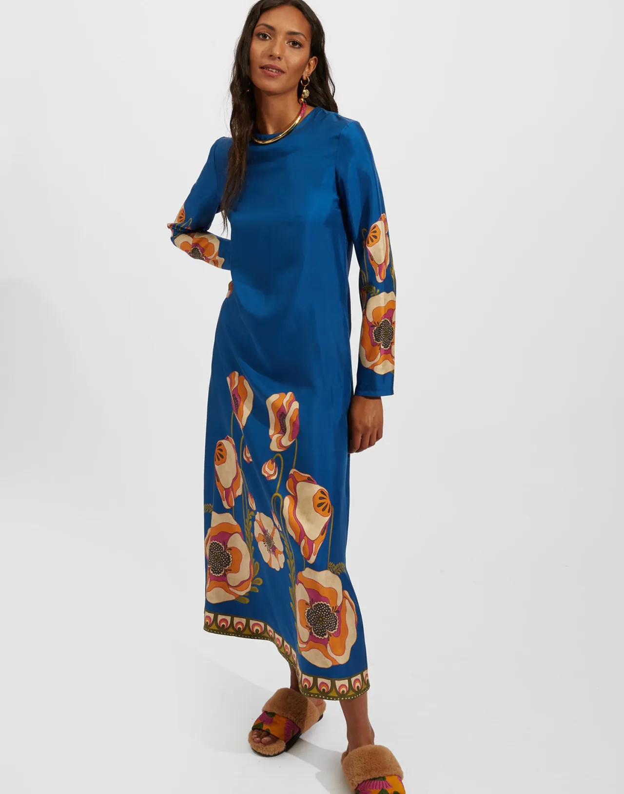 Discount La DoubleJ Long Sleeve Swing DressPoppies Blue Placée in Twill Silk