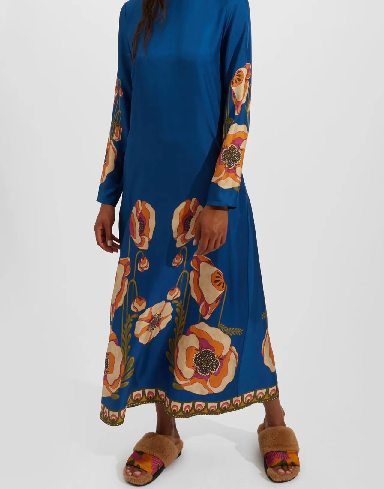 Discount La DoubleJ Long Sleeve Swing DressPoppies Blue Placée in Twill Silk