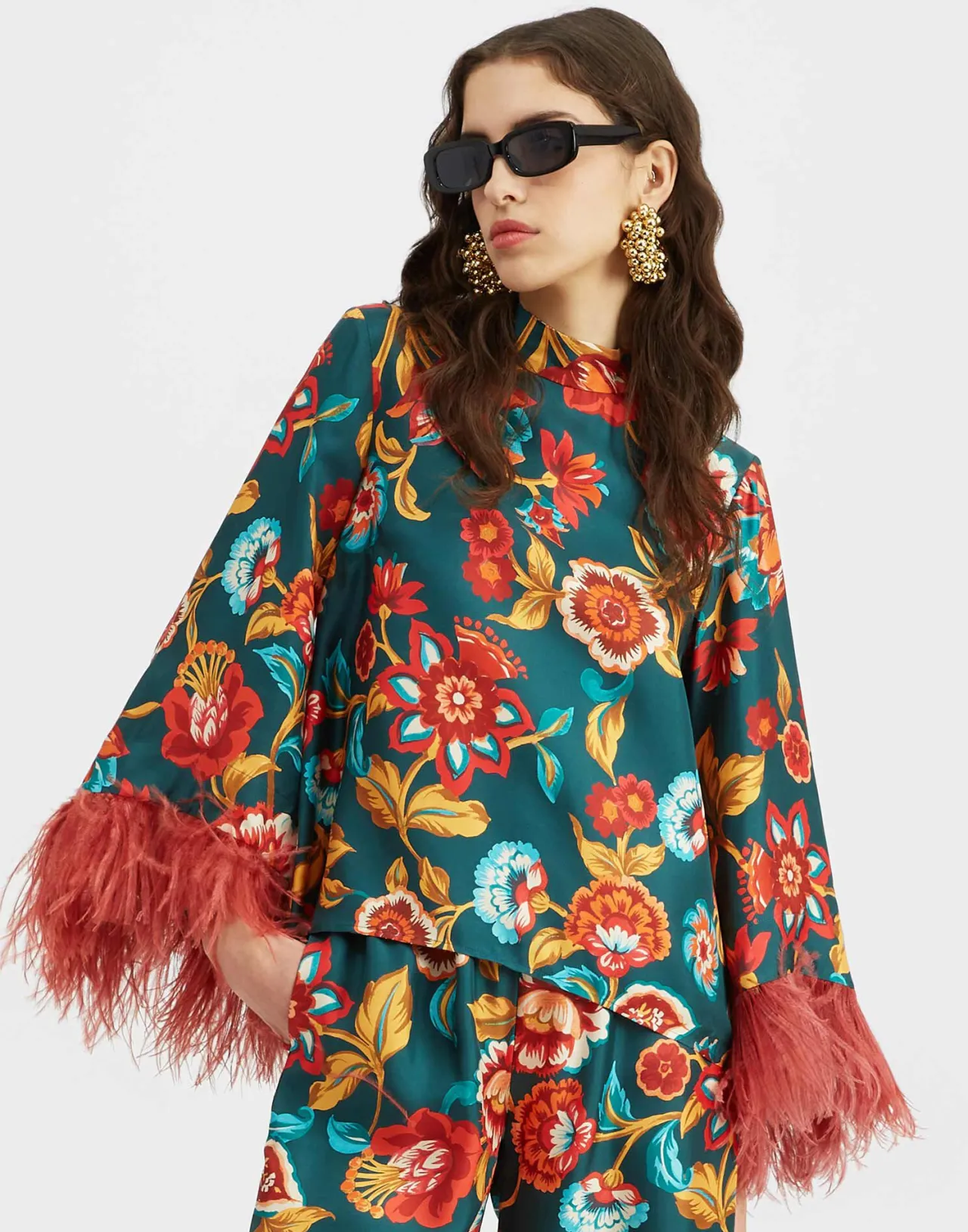 Flash Sale La DoubleJ Make An Exit TopHottie Emerald in Silk Twill With Feathers