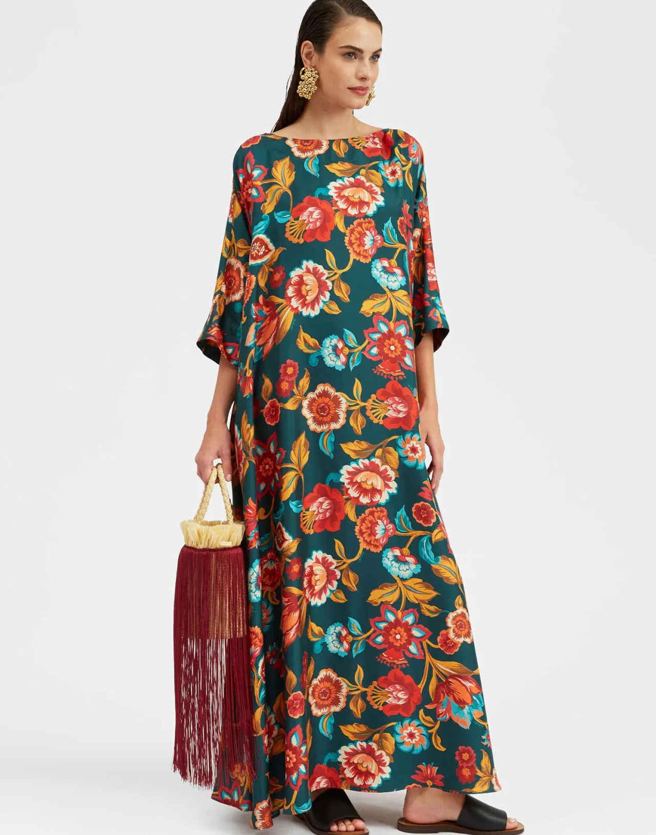 Fashion La DoubleJ Muumuu Dress Round NeckHottie Emerald in Silk Twill