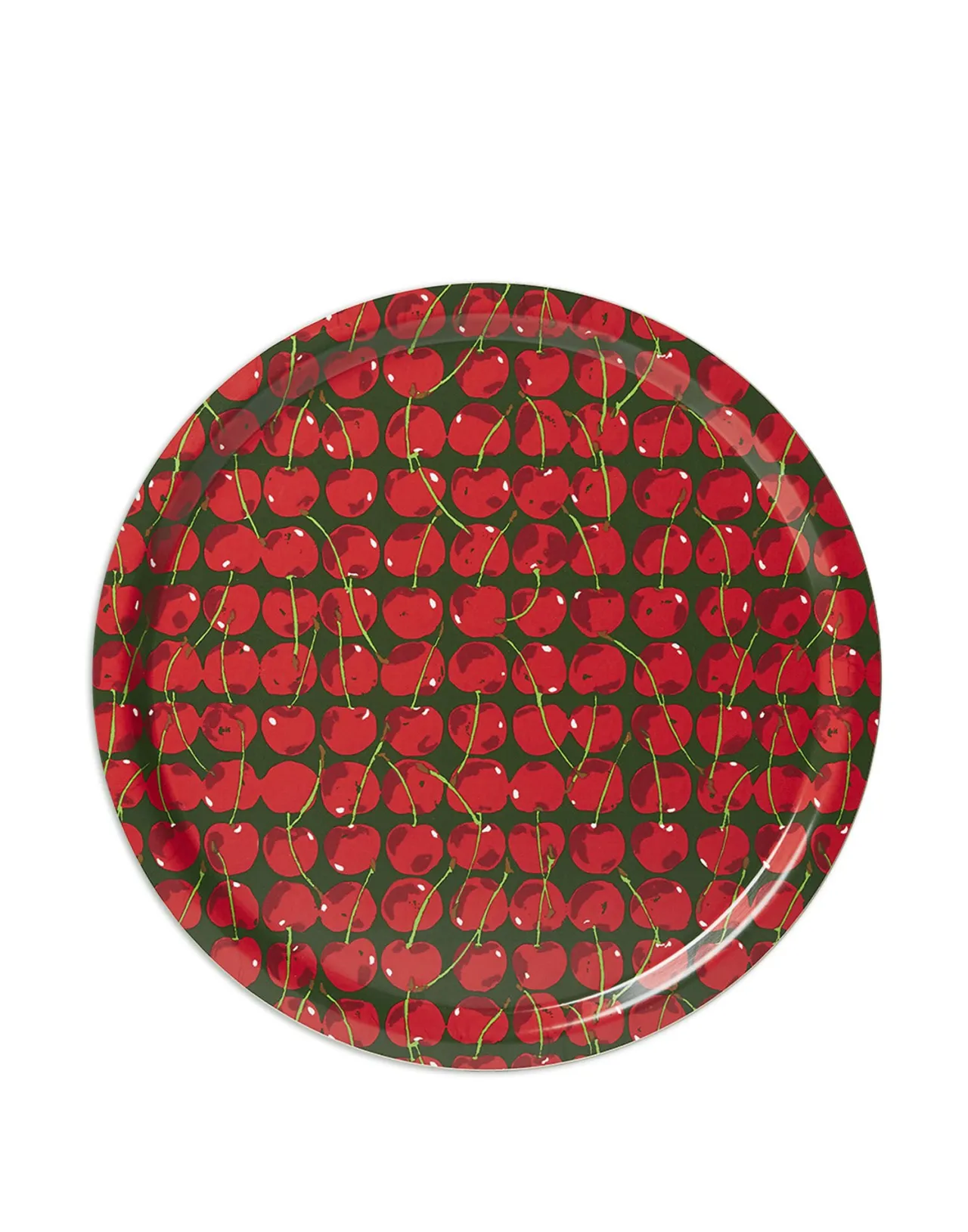 New La DoubleJ Round Printed TrayCherries Verde in Laminated Birch Wood