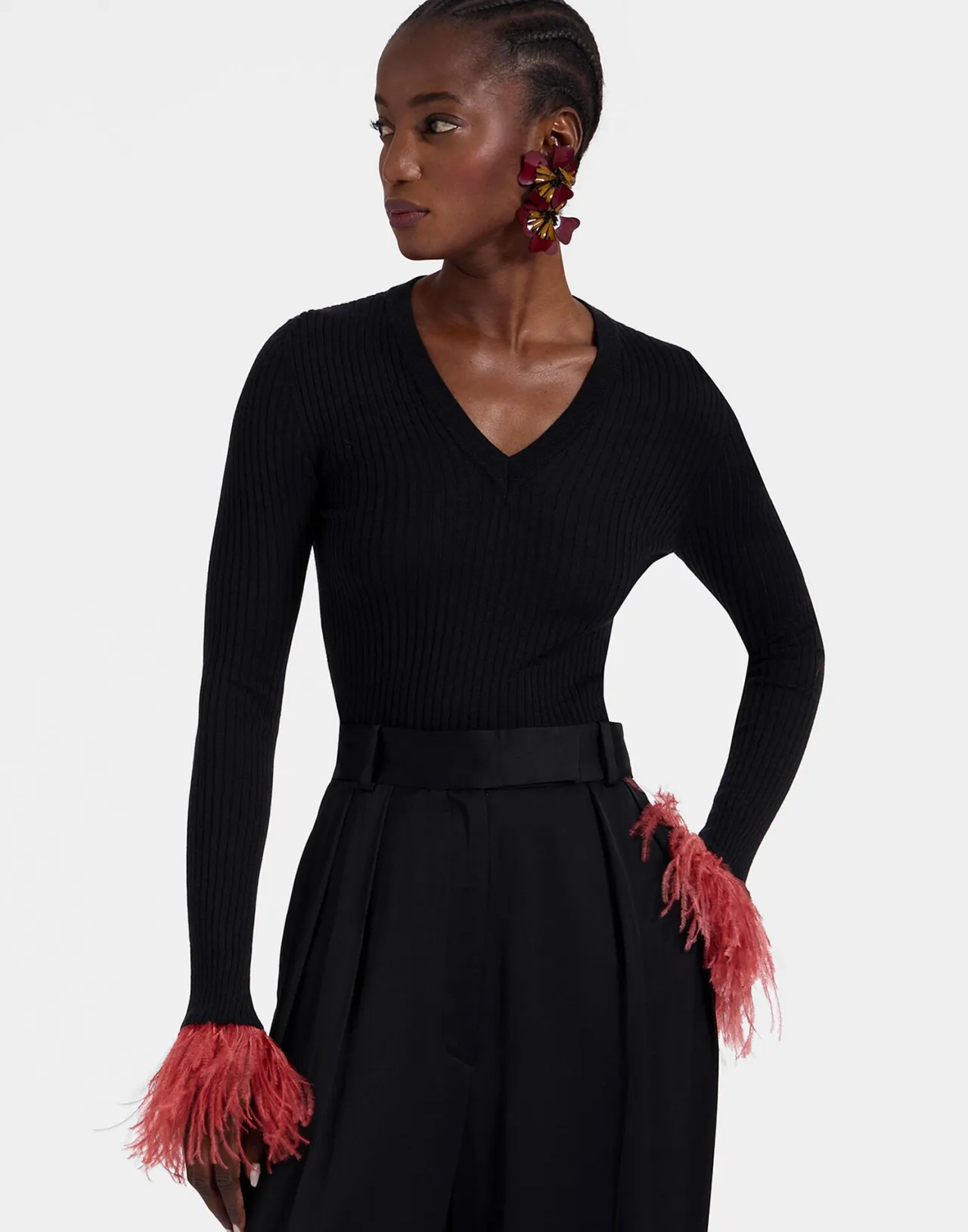 Shop La DoubleJ V-Neck High Kick TopSolid Black in Ribbed Silk Cashmere With Feathers