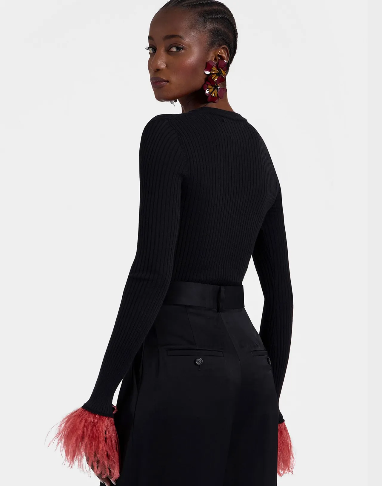 Shop La DoubleJ V-Neck High Kick TopSolid Black in Ribbed Silk Cashmere With Feathers